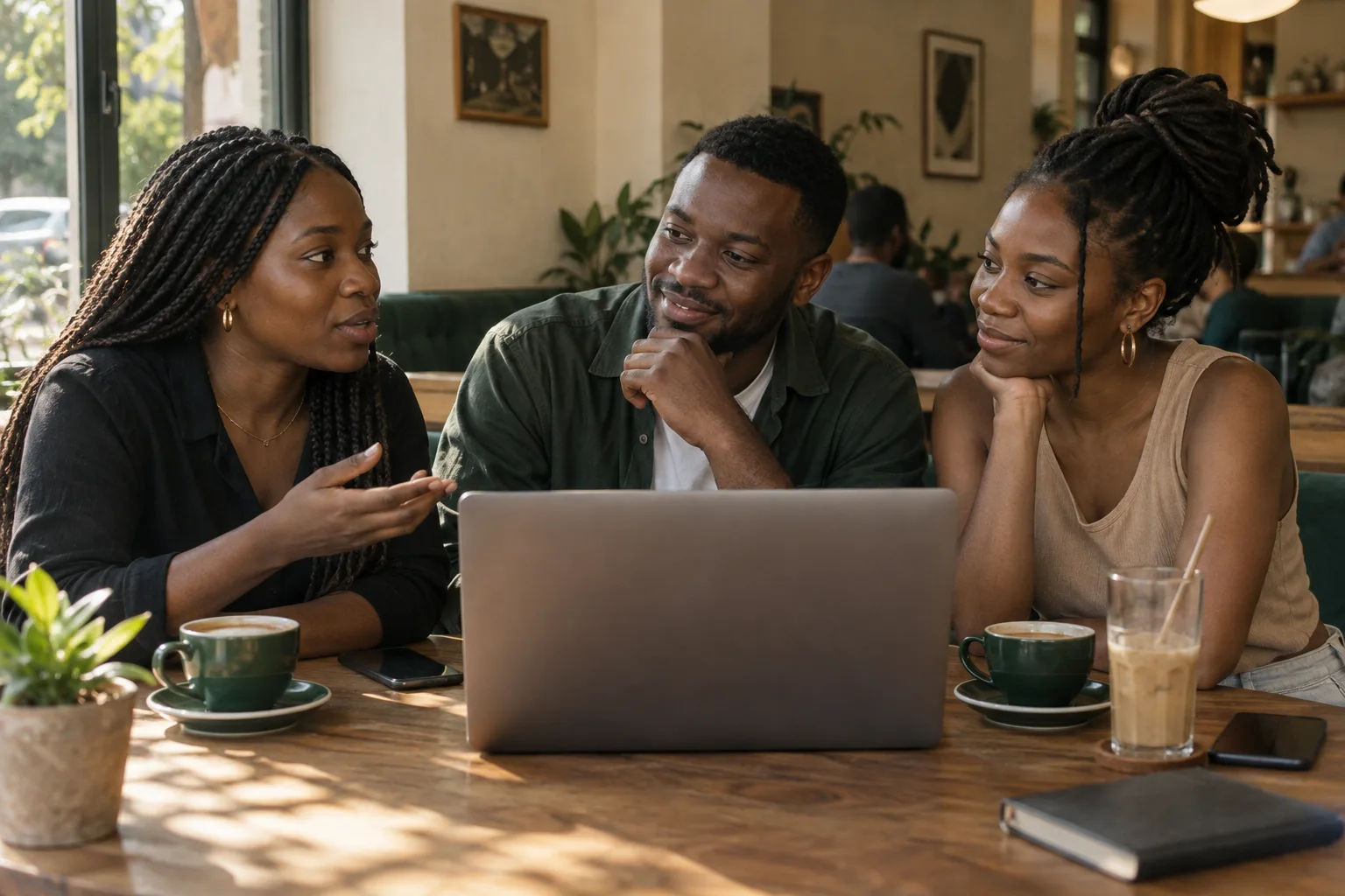 Three friends sharing a conversation over a laptop in a sunlit cafe