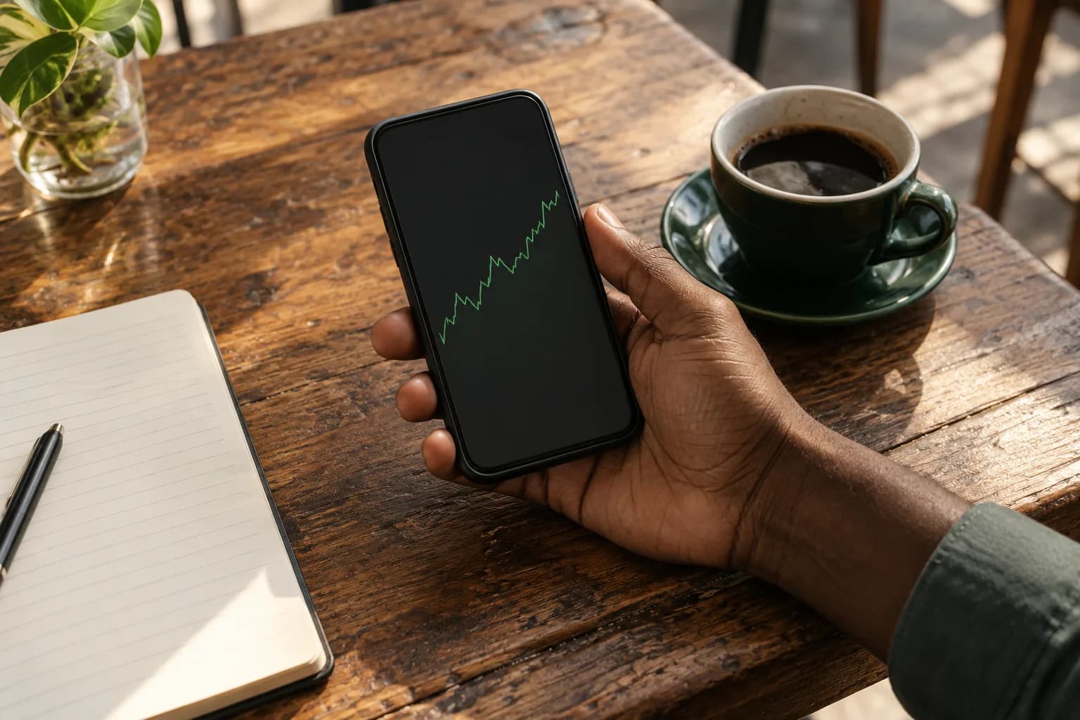 A hand holding a phone with a stock chart beside a notebook and coffee